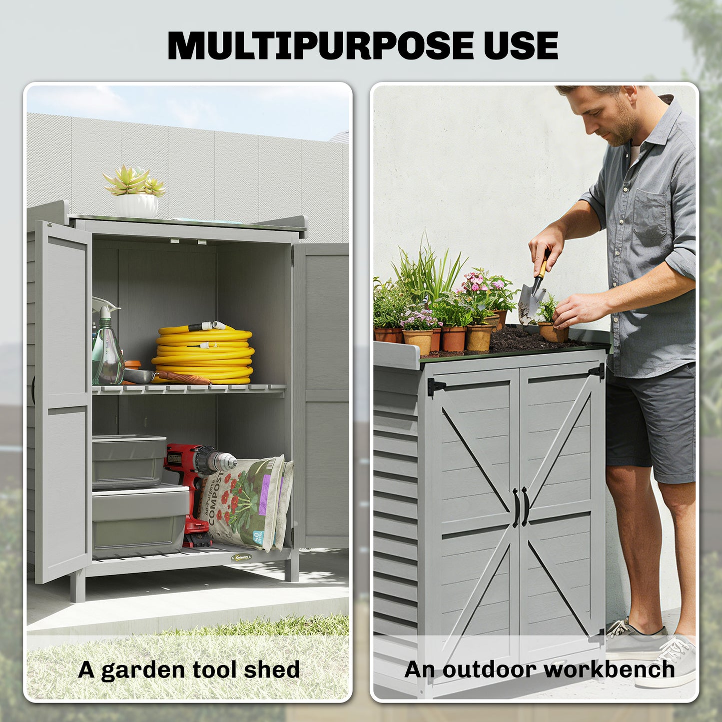 Outsunny Wooden Garden Shed With Potting Table And Shelving For Tool Storage Side Hooks 71.5 x 39 x 95 cm Grey