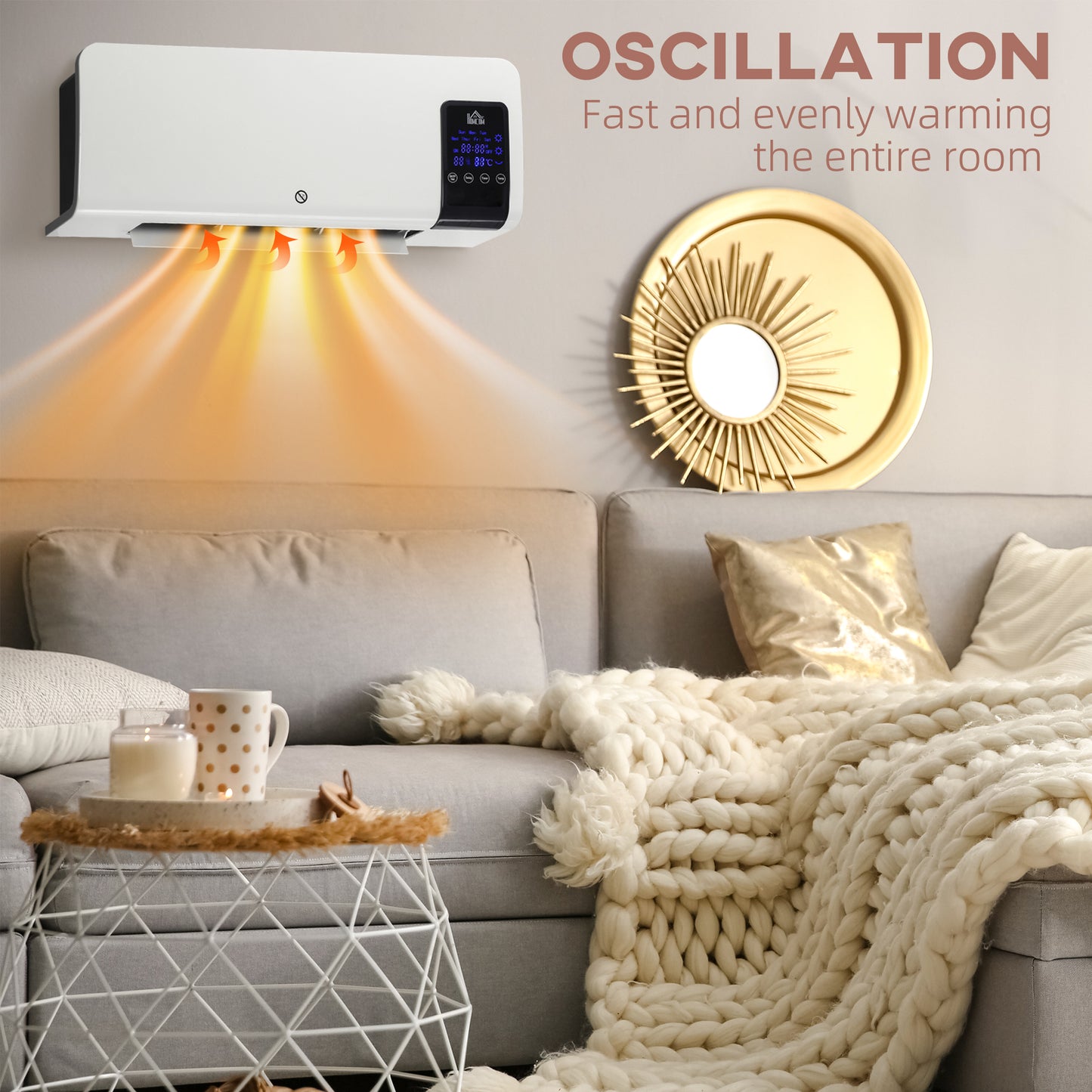 HOMCOM 2000W Wall Mounted Heater With Adjustable Temperature 18 To 45 C White Oscillating Fan