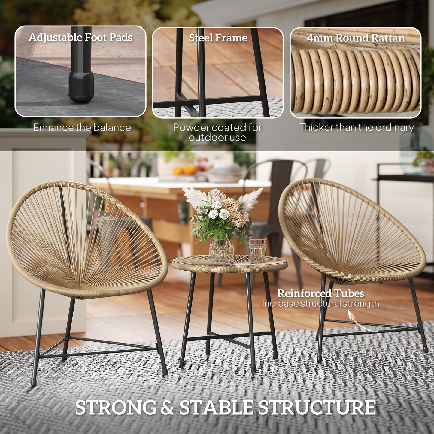 Outsunny Three Piece Rattan Bistro Set With Acapulco Chairs And Glass Top Table For Outdoor Patio Balcony Natural