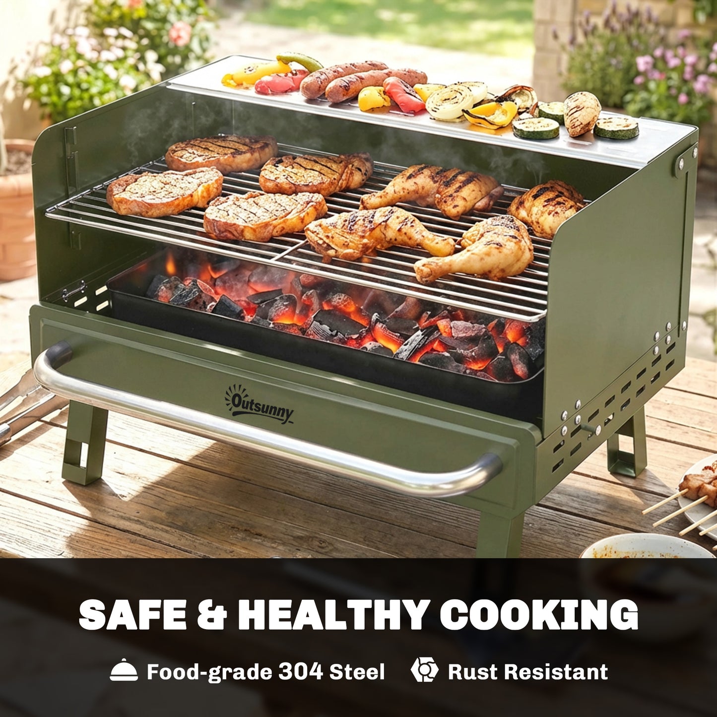 Outsunny Portable Charcoal BBQ Grill with Adjustable Grates, Foldable Legs, Side Shelf for Camping Travel Green