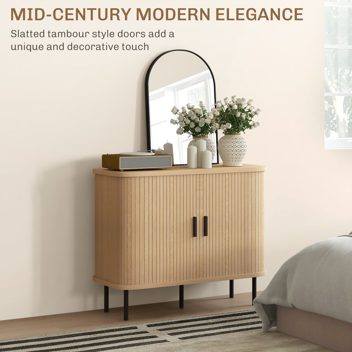 HOMCOM Mid Century Modern Sideboard Storage Cabinet With Slatted Tambour Sliding Doors Oak Tone