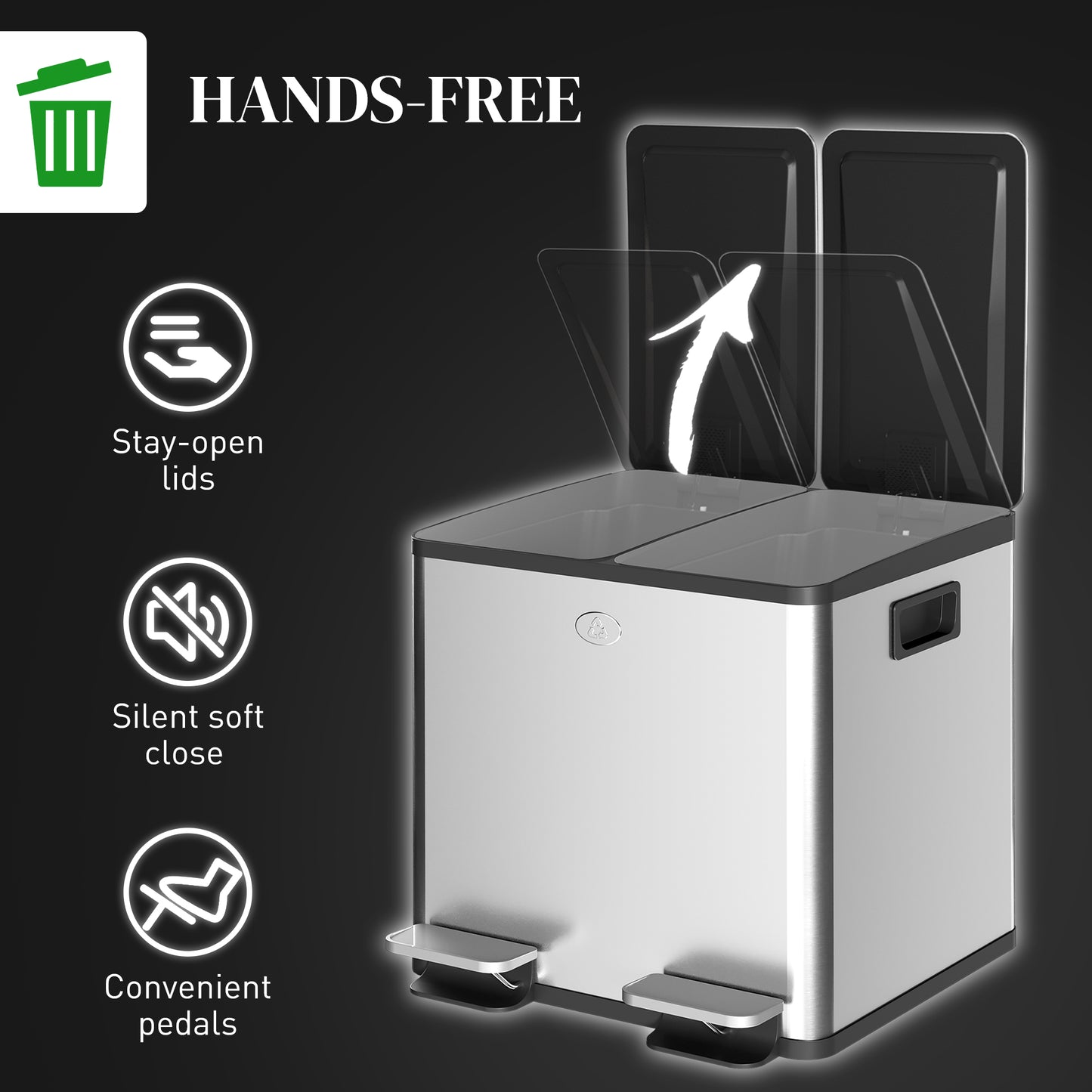 HOMCOM 30L Dual Compartment Stainless Steel Bin With Deodoriser Holders Silver Tone