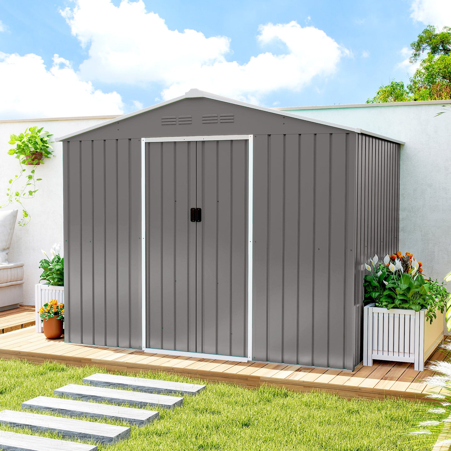 Outsunny 8 By 6 Ft Galvanised Steel Shed With Double Doors For Outdoor Tool And Garden Storage Light Grey
