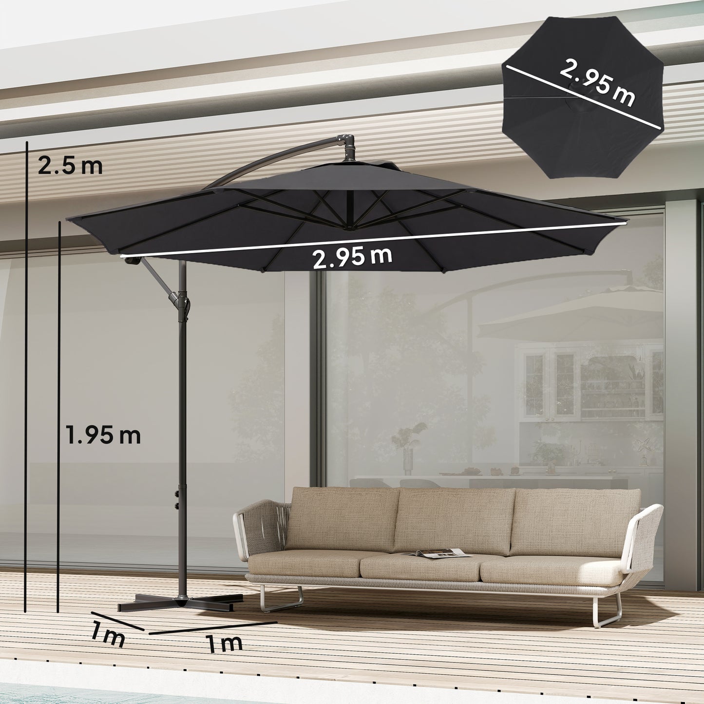 Outsunny 3 Meter Overhanging Cantilever Parasol With Cross Base Black Outdoor Garden Umbrella UV Resistant