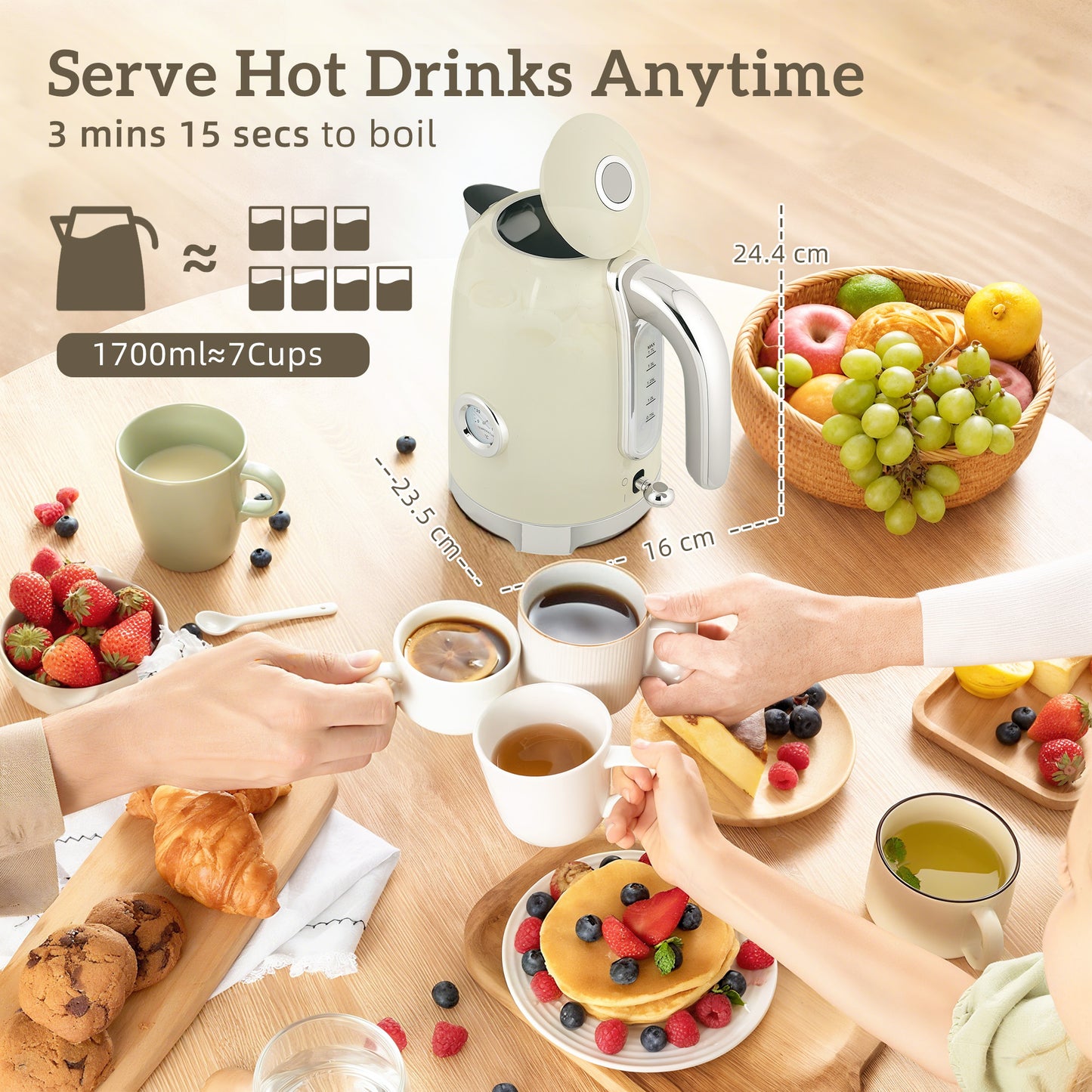 HOMCOM Retro 3000W Kettle And Toaster Set Grey With One Point Seven Liter Capacity And Classic Curved Design
