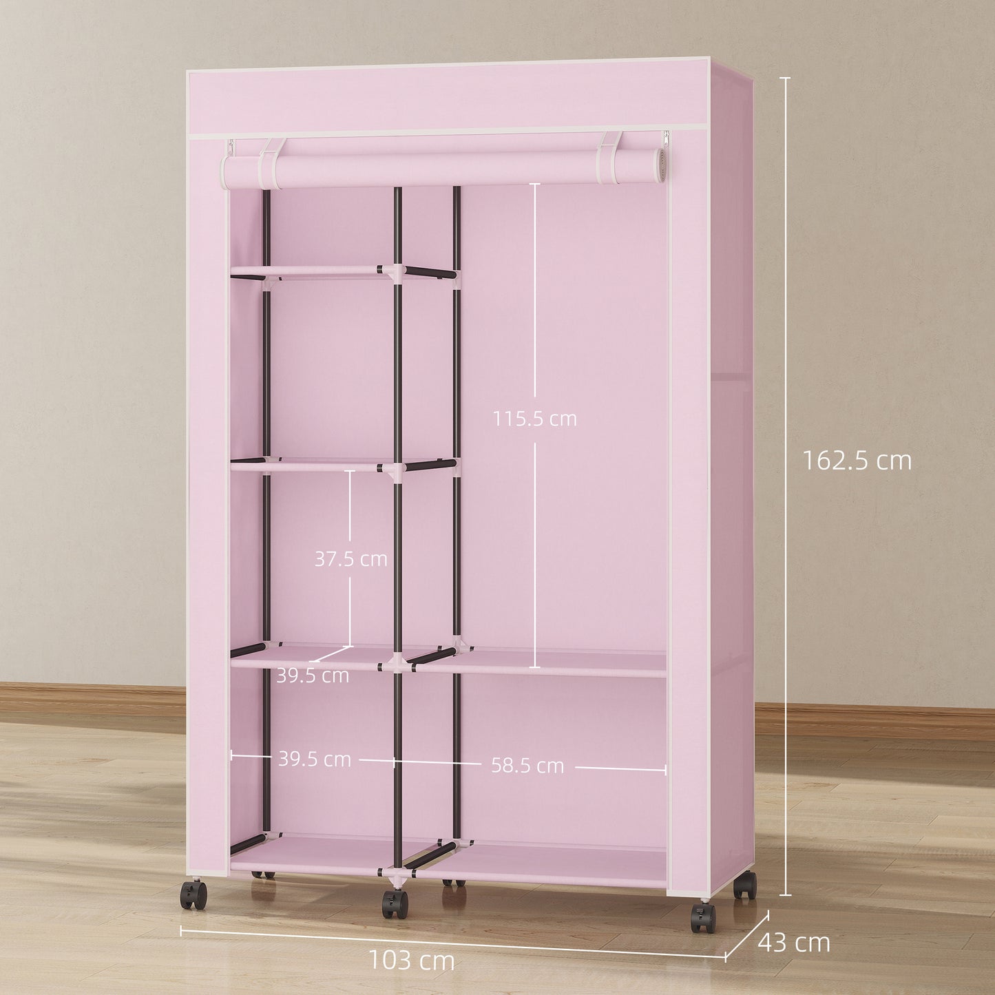 HOMCOM Fabric Wardrobe With Shelves And Hanging Rail Foldable Wardrobe Pink Portable Clothing Storage