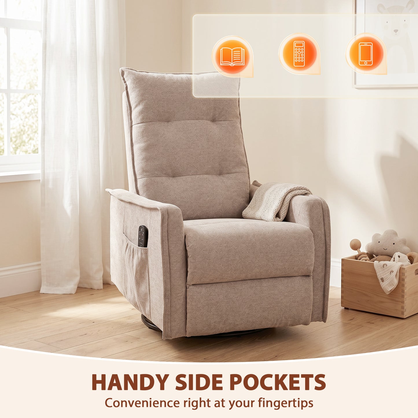 HOMCOM Chenille Recliner Armchair With Massage And Heat 360 Degree Swivel Manual Rocking Chair Brown