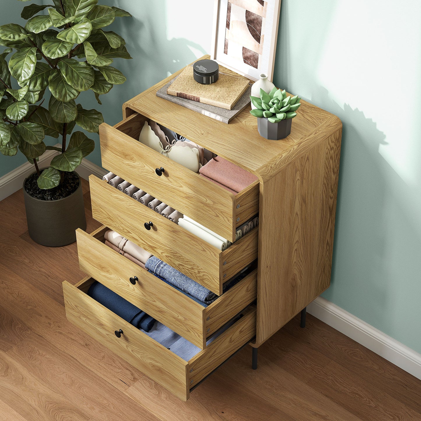 HOMCOM Modern Chest Of Drawers With Four Drawers Oak Finish Rounded Edges And Smooth Handles