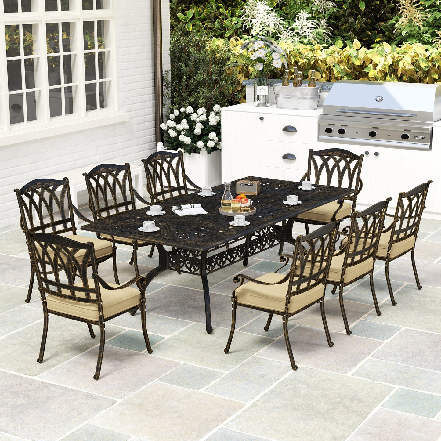 Outsunny Nine-Piece Cast Aluminium Garden Dining Set Bronze Tone With Floral And Grid Cut-Out Patterns
