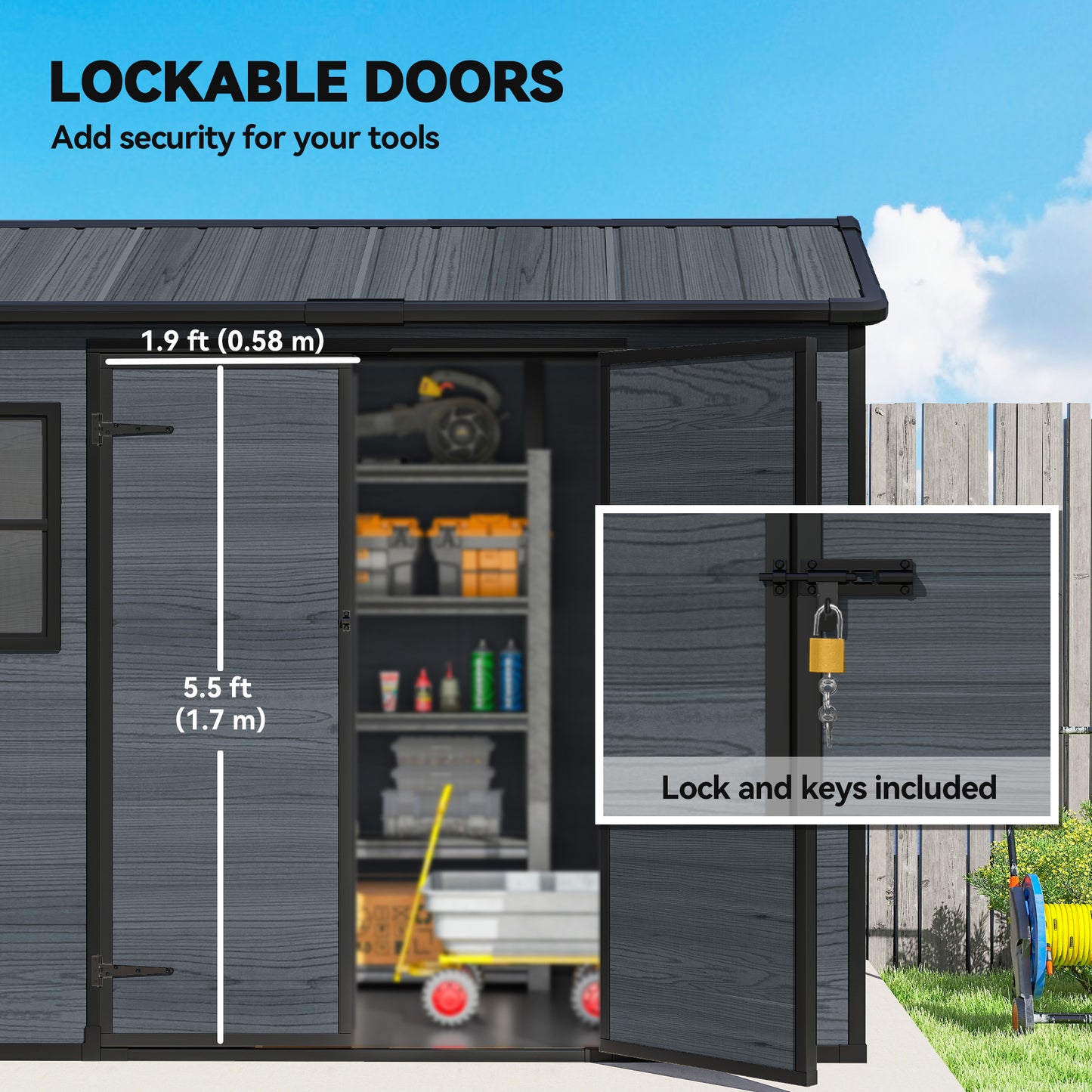 Outsunny 8x4ft Resin Garden Shed Wood Effect Outdoor Storage With Floor Windows Lockable Doors Vents Dark Grey