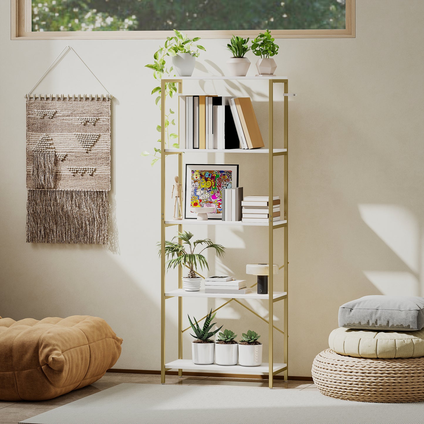 HOMCOM 5 Tier Bookshelf Modern Bookcase With Metal Frame White And Gold Tone Back X Bar Support