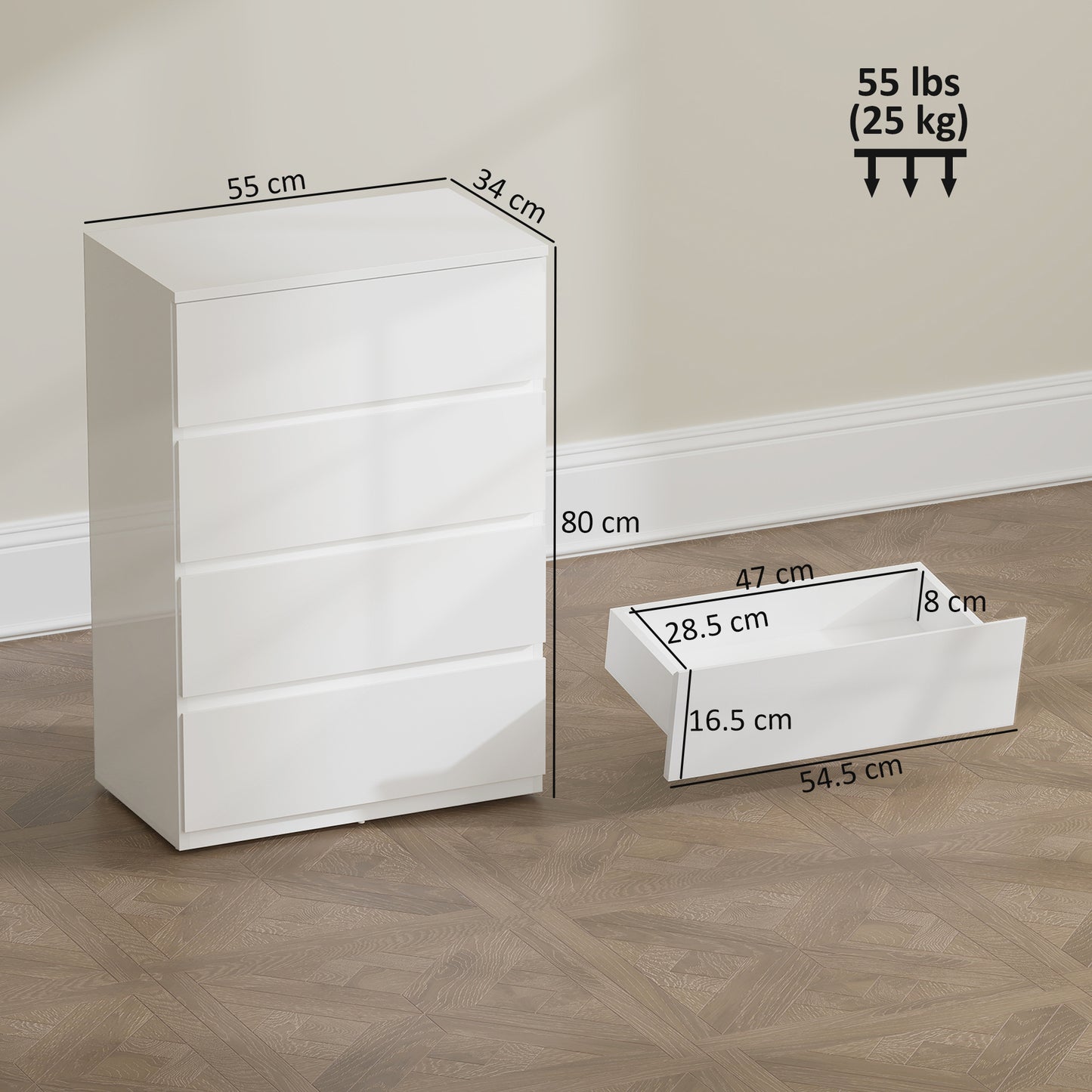 HOMCOM High Gloss Chest Of Drawers 4 Drawer Modern Dresser For Bedroom White Finish Durable And Space Saving