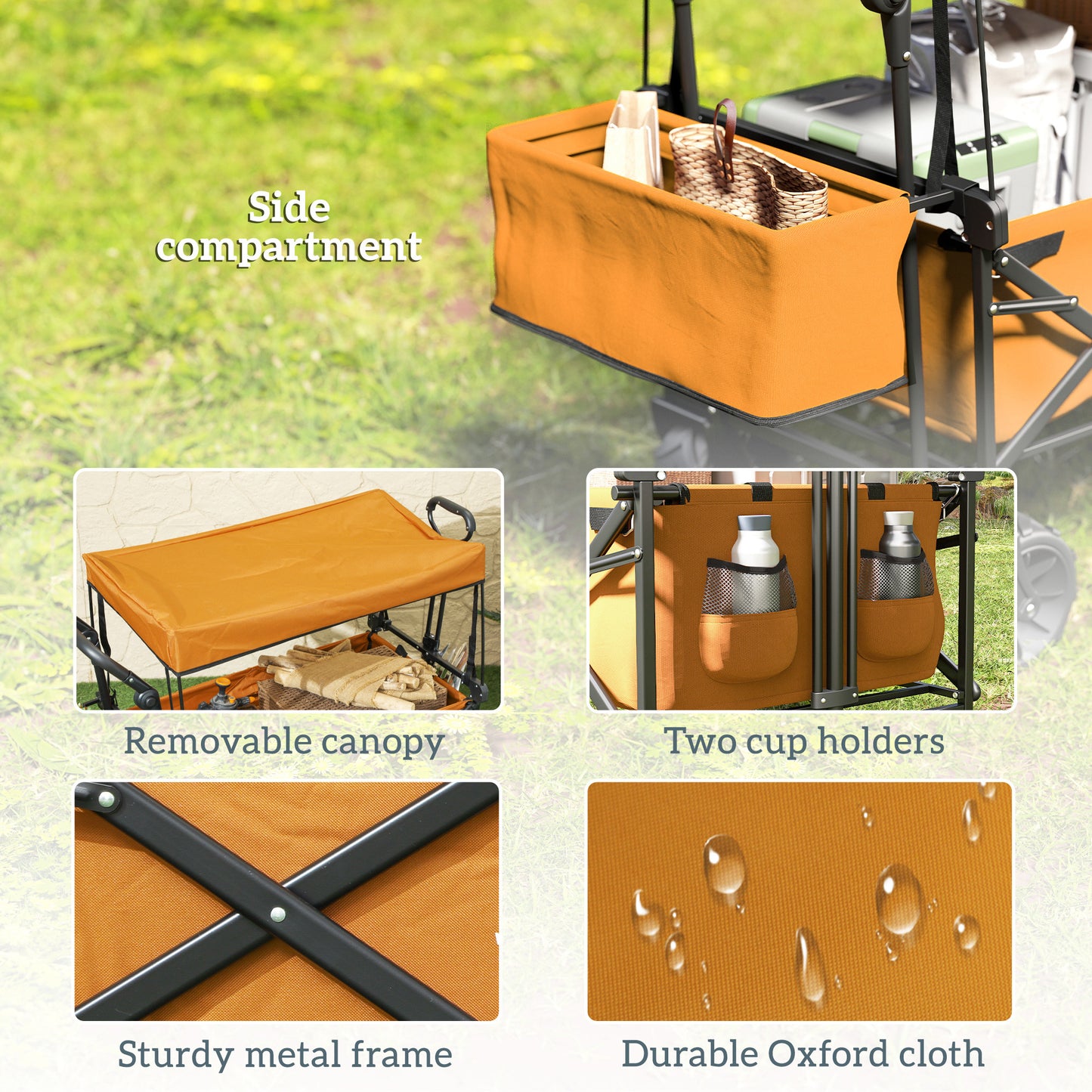 Outsunny 120L Folding Camping Trolley Cart With Removable Canopy Terrain Wheels Adjustable Handle Push Or Pull Orange