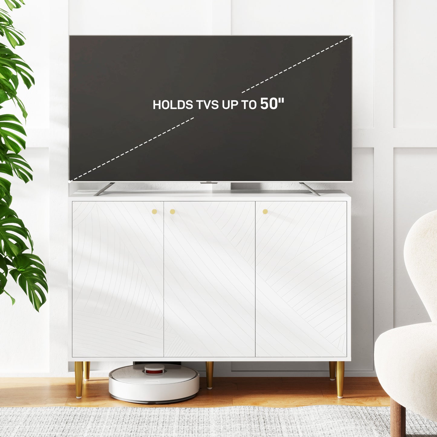 HOMCOM Elegant Two Cupboard Sideboard White Gold Tone With Adjustable Shelves Durable Melamine Finish