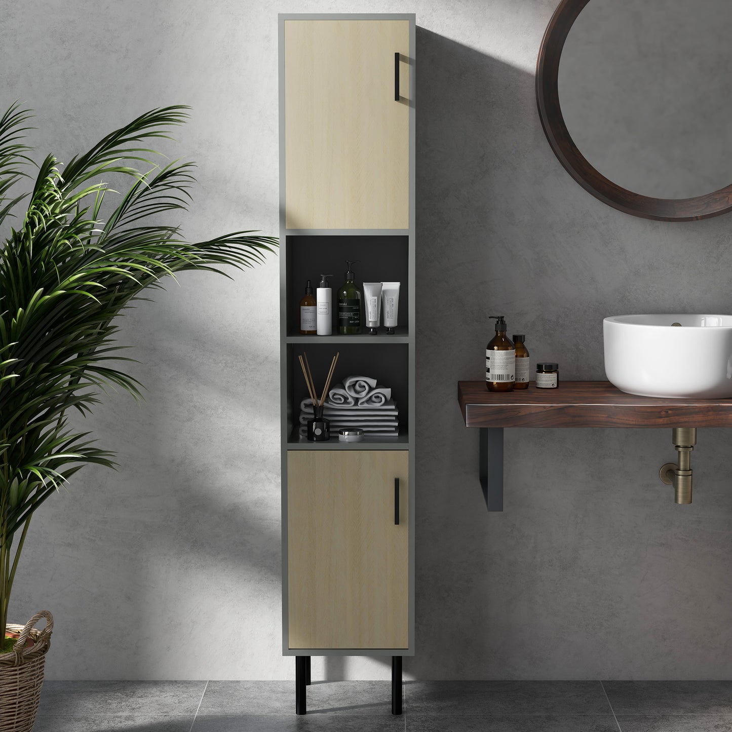 Kleankin Bathroom Furniture Set With Doors Tall Freestanding Cabinet With Adjustable Shelves Under Sink Grey
