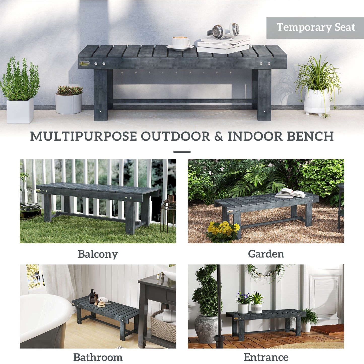 Outsunny 2 Seater Garden Wooden Bench Grey Outdoor Patio Furniture Slatted Comfort