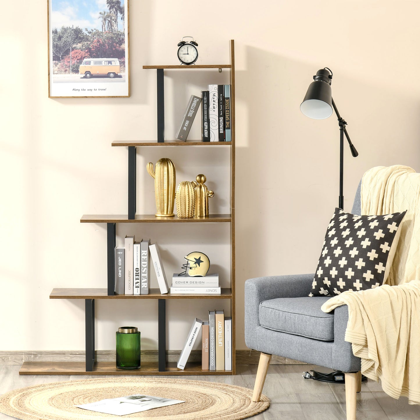 HOMCOM 5 Tier Bookcase Wooden Ladder Bookshelf Display Stand Rustic Brown For Home Office Living Room