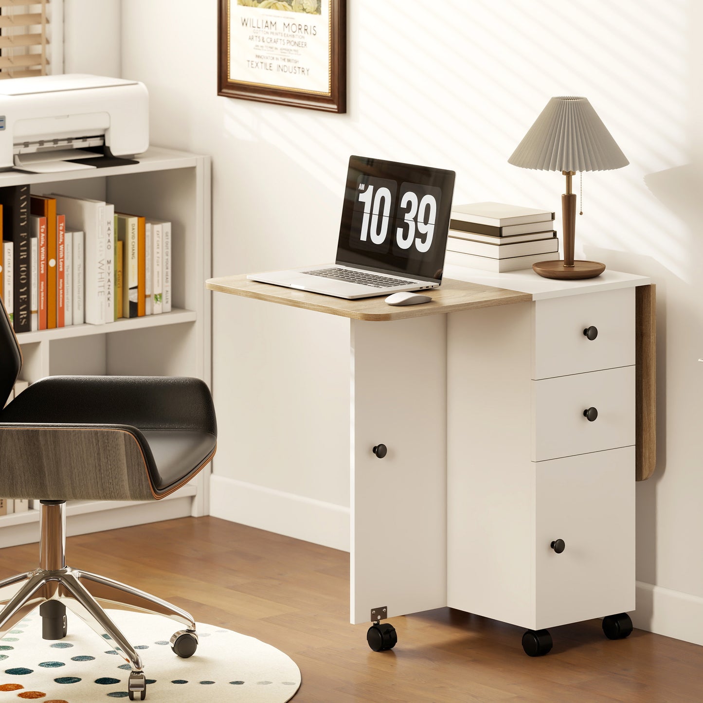 HOMCOM Multi Storage Drop Leaf Dining Table for Six Oak and White Space Saving Folding Table with Dual Leaves