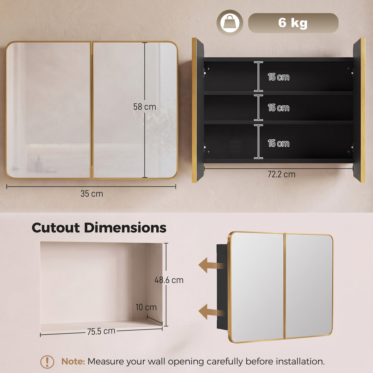 Two-door bathroom mirror cabinet with gold frame and open storage shelves