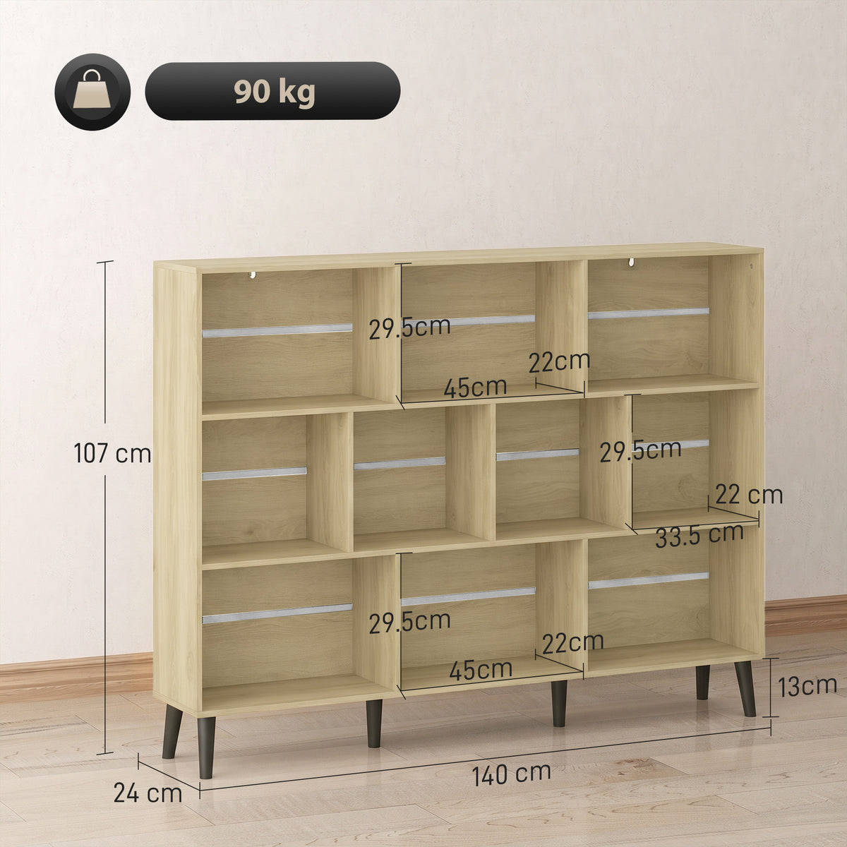 HOMCOM 10 Cube Modern Bookcase With Solid Wood Legs And Anti Tip Kit In Oak