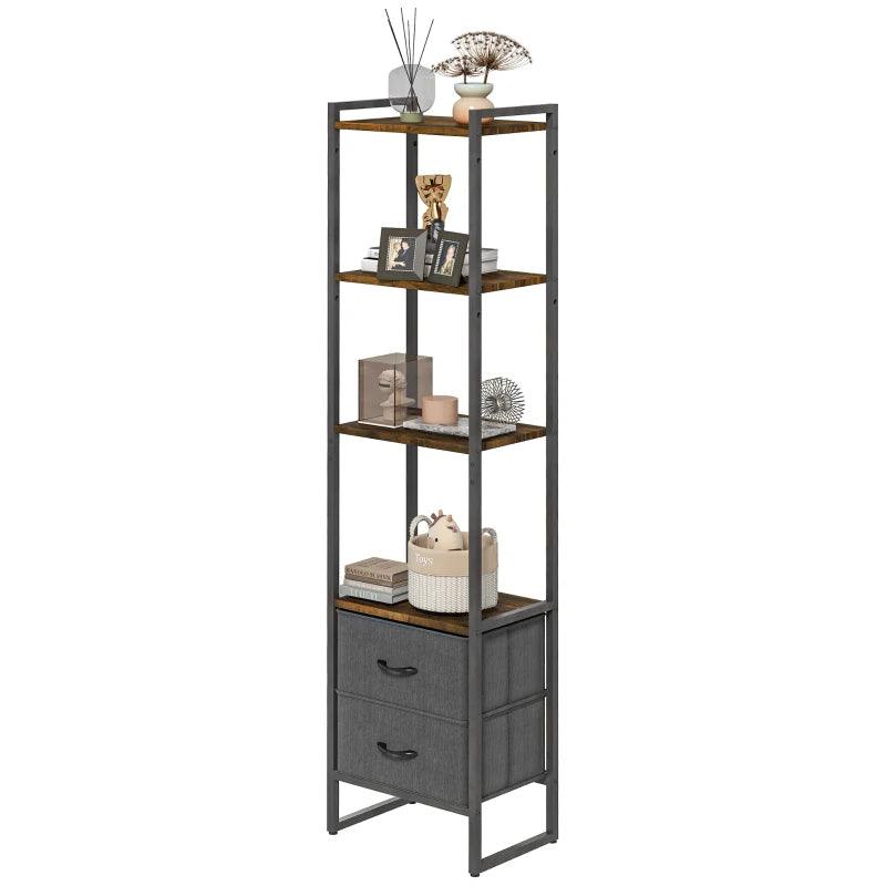 HOMCOM Industrial Bookcase - 4-Tier Storage Shelf with 2 Fabric Drawers and Metal Frame, Rustic Brown, for Living Room or Bedroom - ALL4U RETAILER LTD