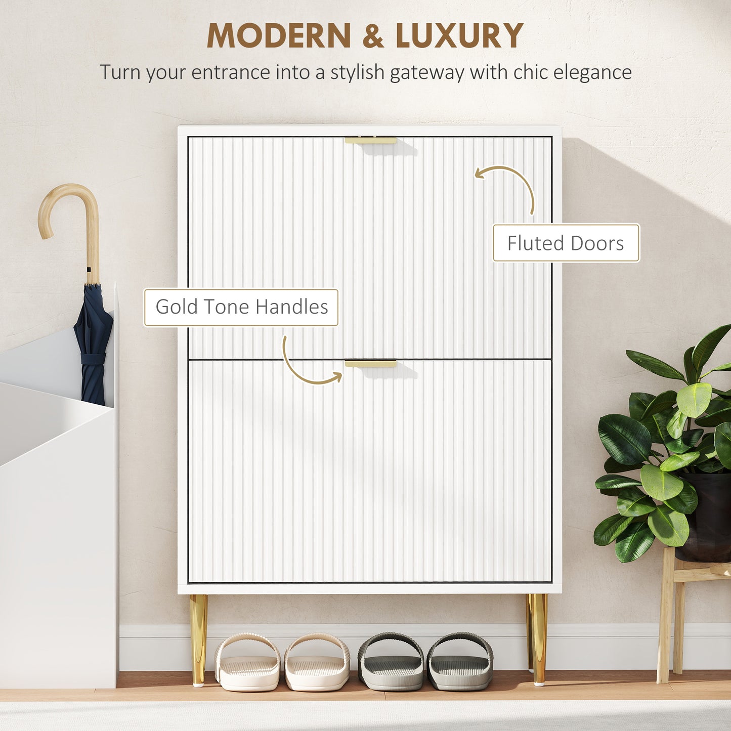 HOMCOM Elegant Two Drawer White Shoe Cabinet With Ridged Doors And Gold Accents Adjustable Shelves For 6 To 12 Pairs