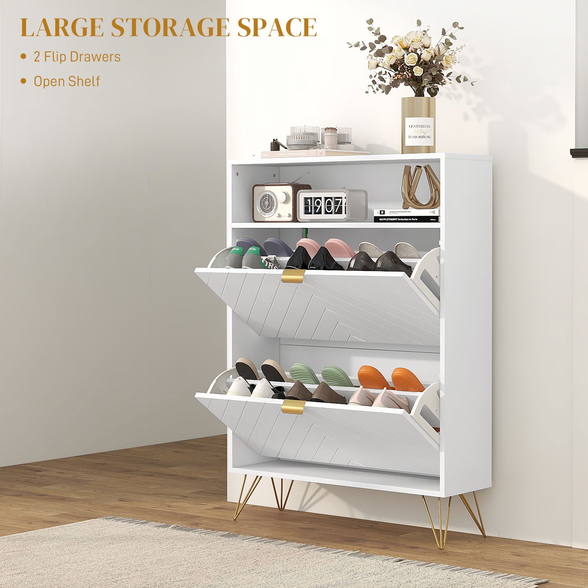 HOMCOM Elegant White Shoe Storage Cabinet with Dual Flip Drawers for 12 Pairs, Slim Organizer for Hallway and Entryway - ALL4U RETAILER LTD