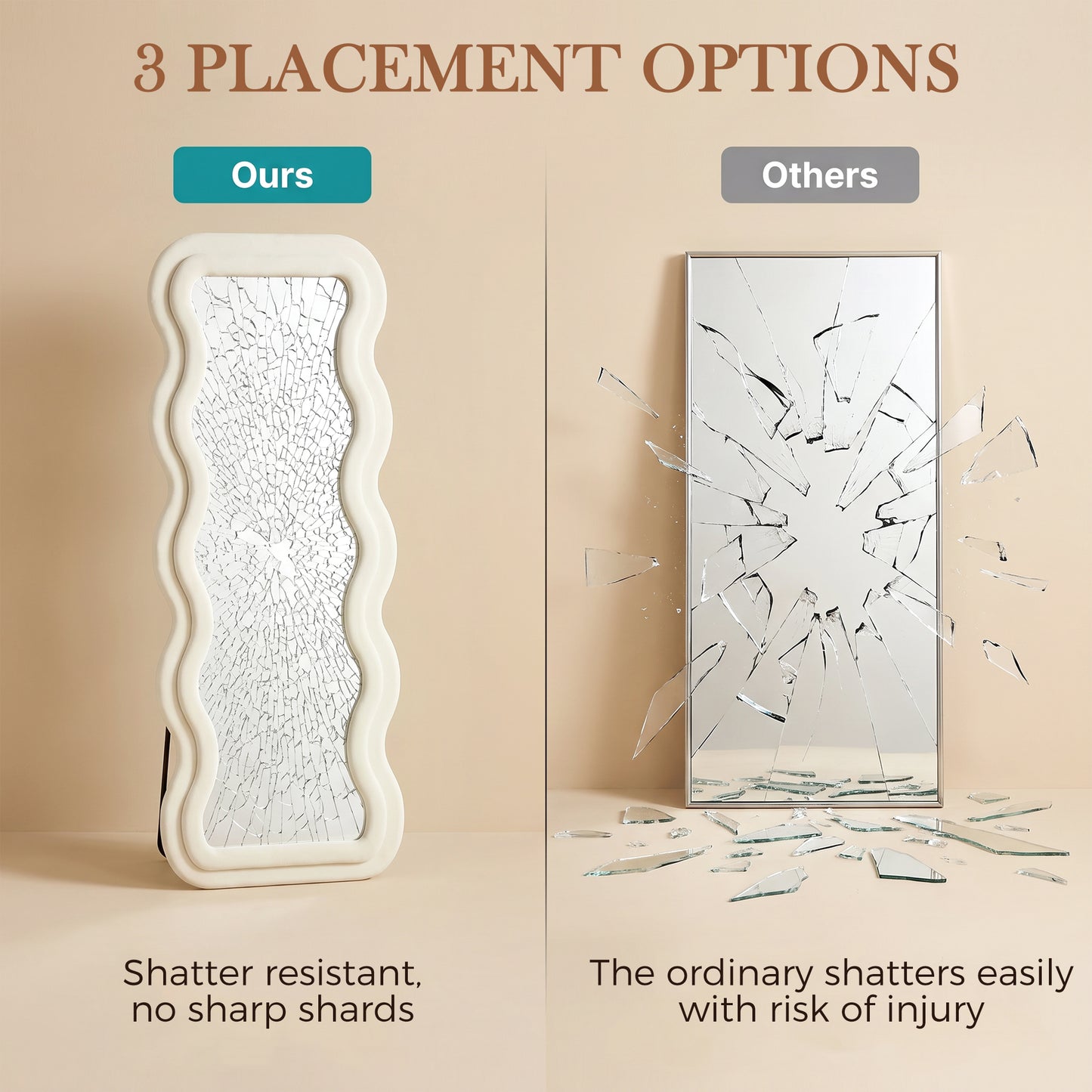 HOMCOM Full Length Mirror 160 x 60 cm Wavy Velvet Frame Wall Standing Mirror With Tempered Glass Cream White