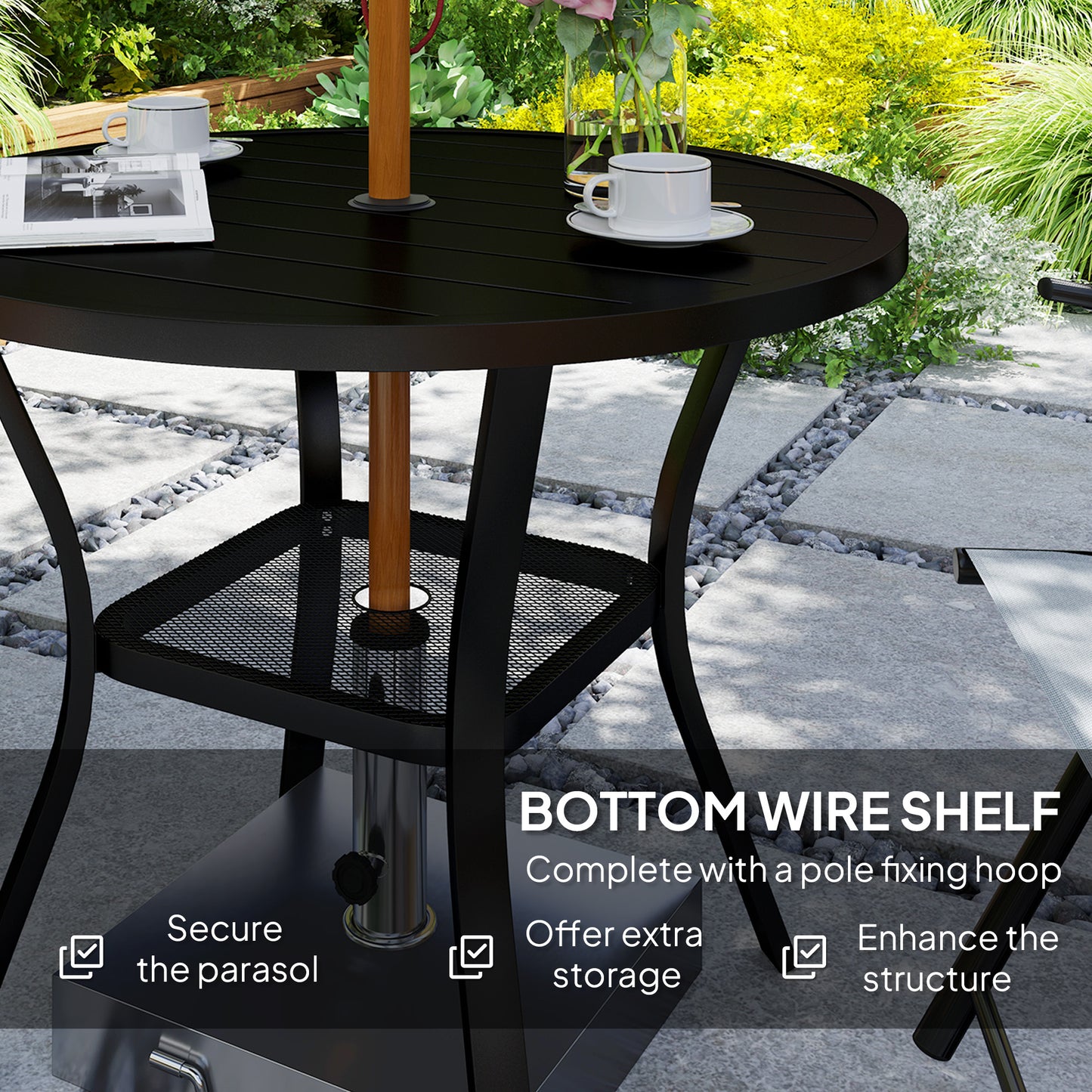 Outsunny 90 cm Round Garden Dining Table with Parasol Hole 40 to 50 mm Steel Slatted Top and Wire Shelf Black