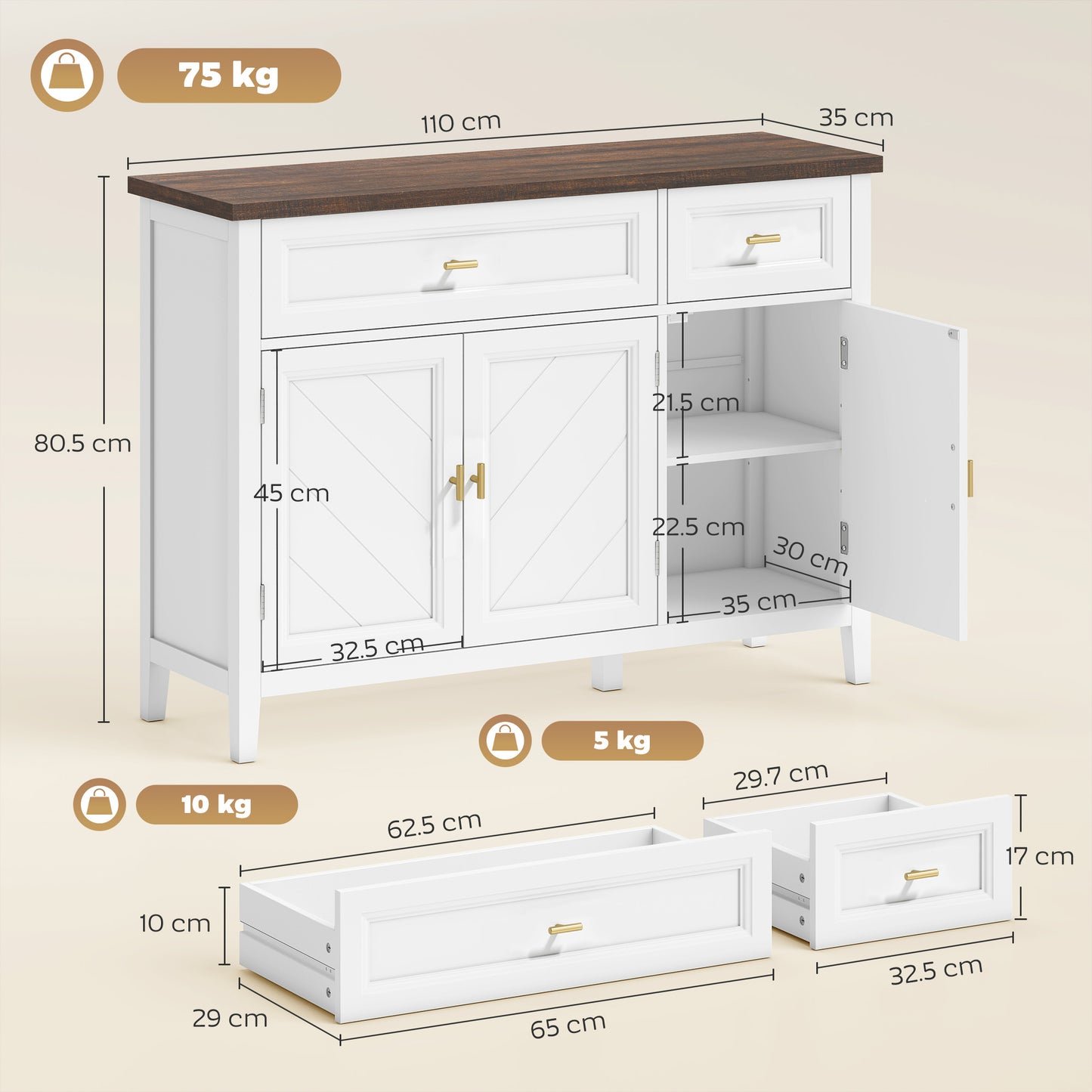 HOMCOM Modern White Sideboard With Three Doors Two Drawers And Adjustable Shelves For Storage