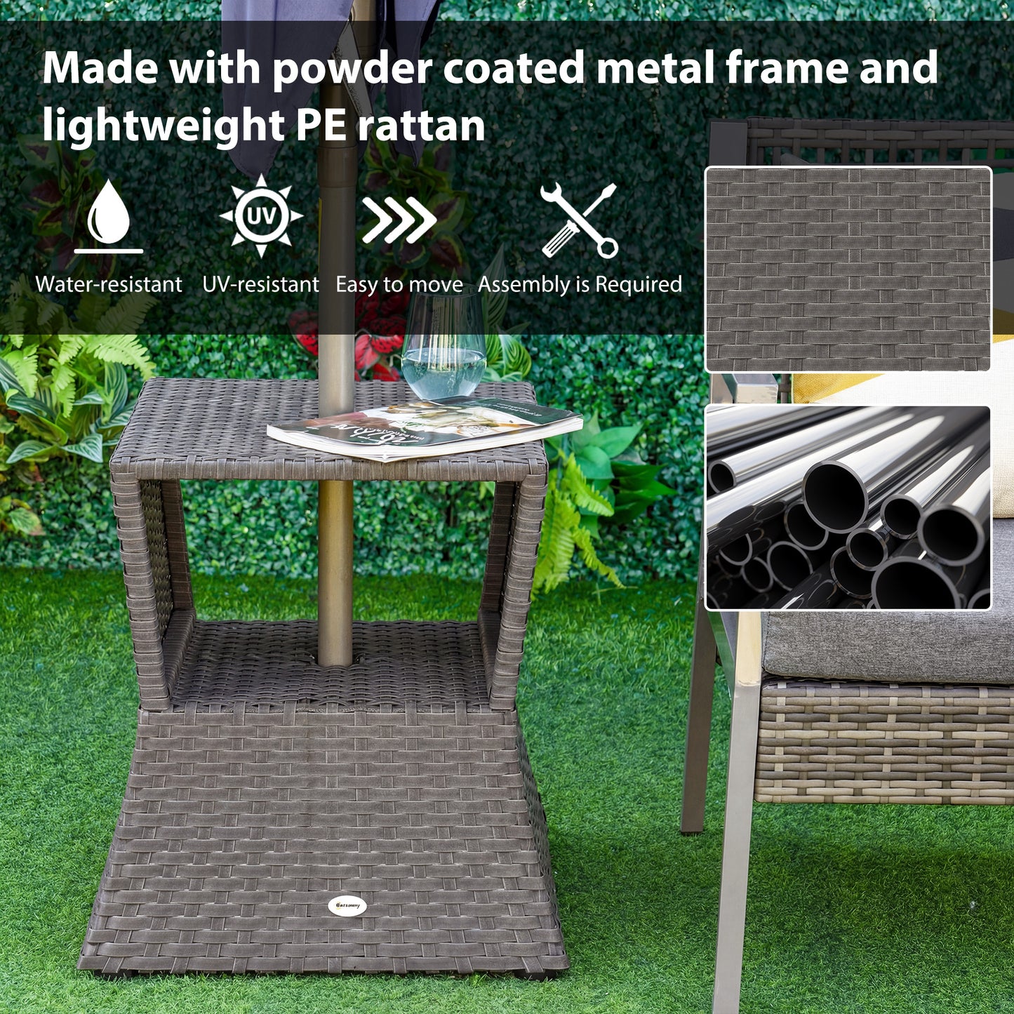 Outsunny Rattan Outdoor Coffee Table Wicker Patio Bistro Side Table With Umbrella Hole And Storage Space Dark Grey