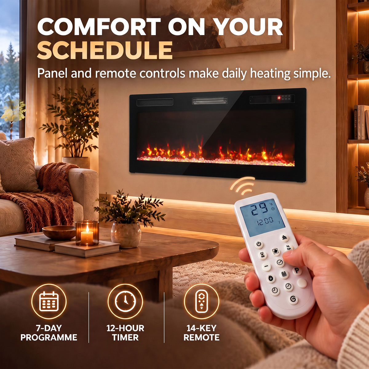 Wall-mounted electric fireplace with LED flame screen and handheld remote control