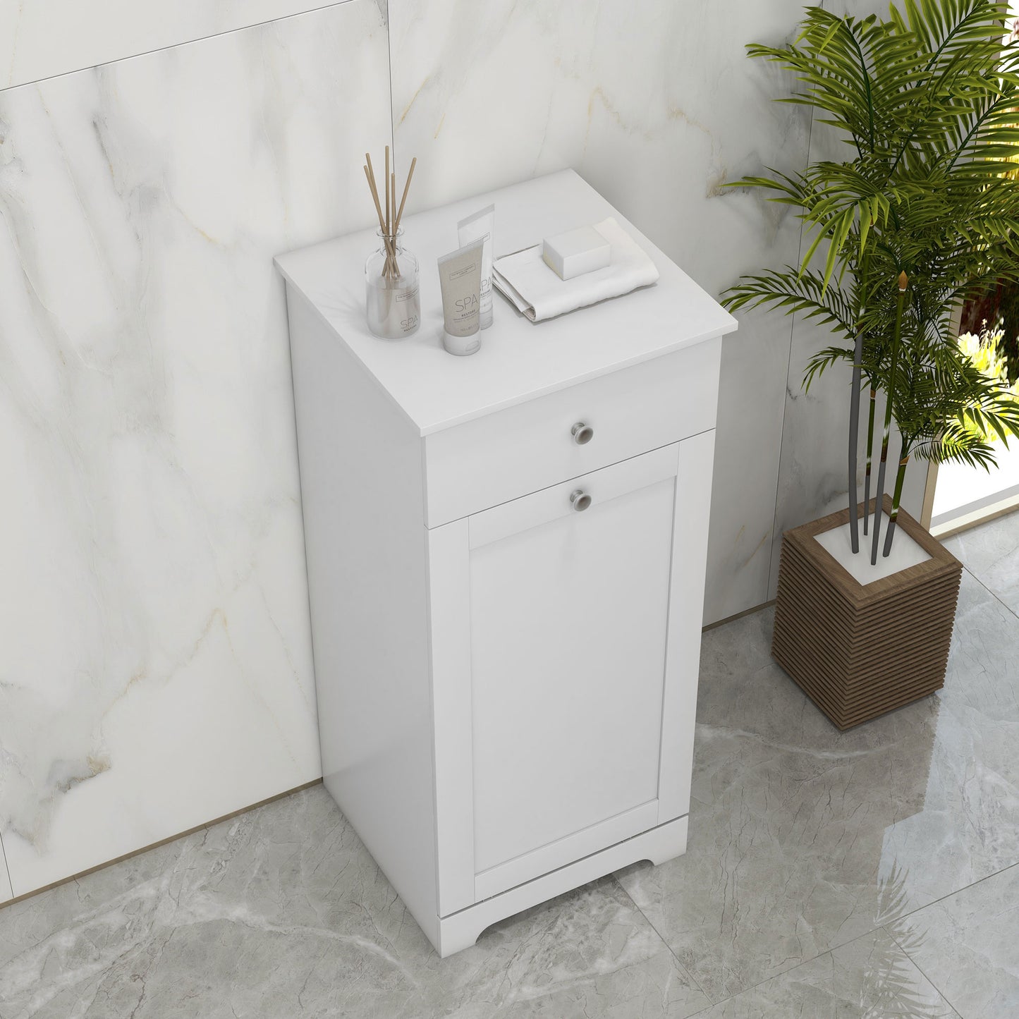 Kleankin Modern White Bathroom Cabinet with Integrated Laundry Hamper and Storage Drawer - ALL4U RETAILER LTD