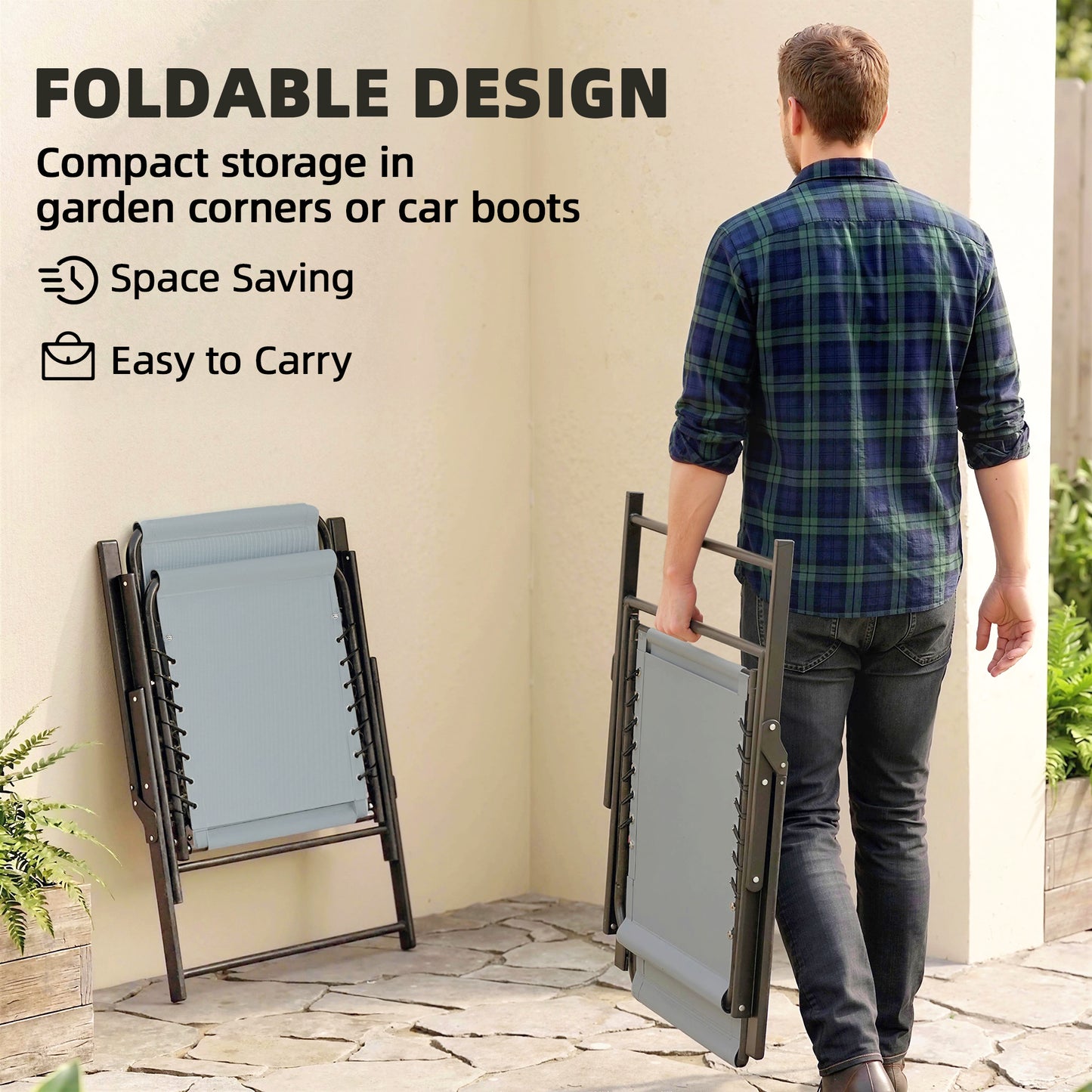 Outsunny Folding Garden Chairs Set 2 Outdoor Dining Chairs With Wide Texteline Seat High Back And Armrests Light Grey
