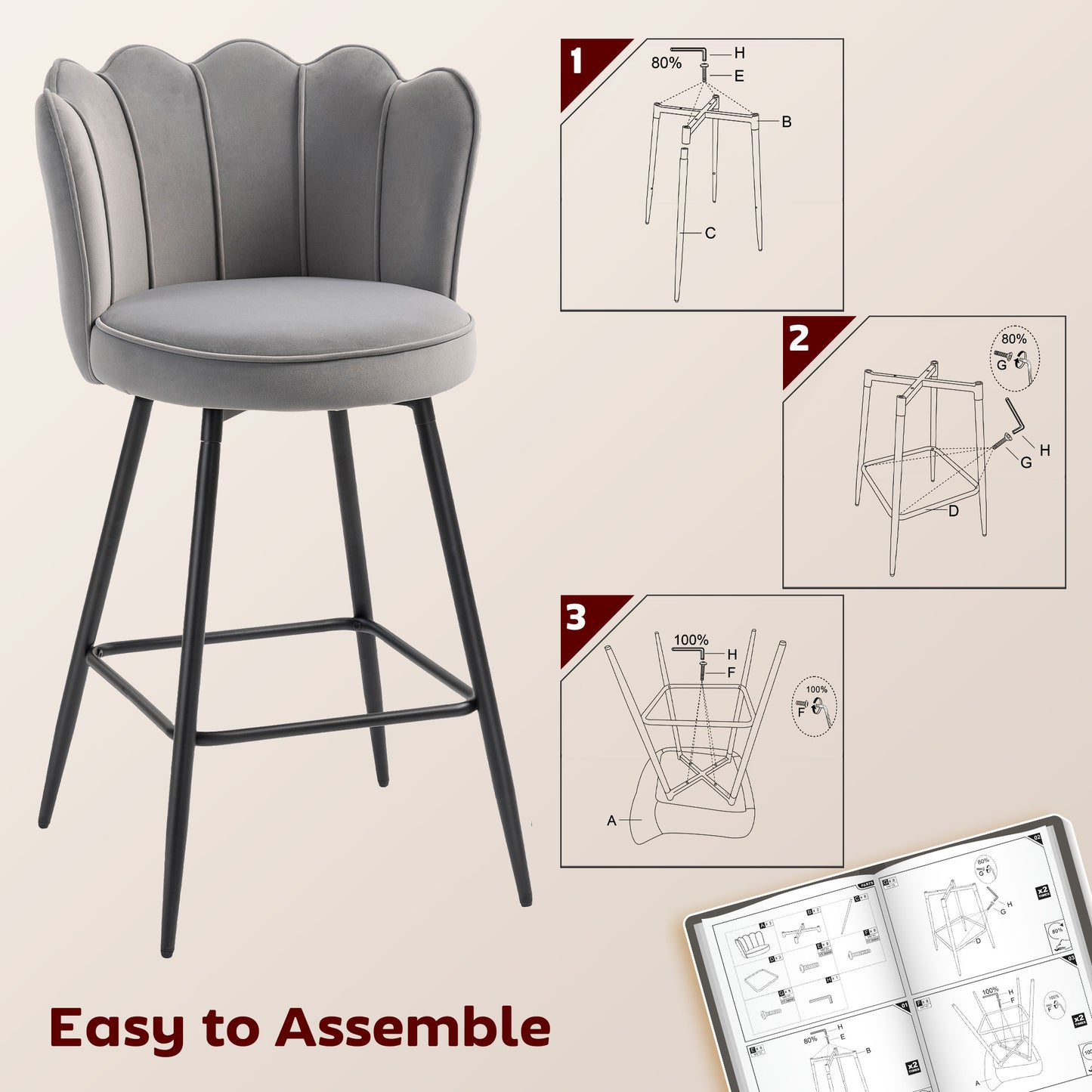 HOMCOM Set Of Two VelvetFeel Lotus Back Bar Stools Grey With HighDensity Foam And Steel Frame