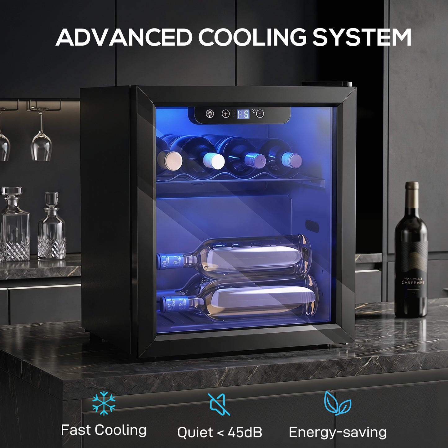 Homcom 12 Bottle Wine Cooler 36 Litre Capacity Under Counter Glass Door LED Light Black