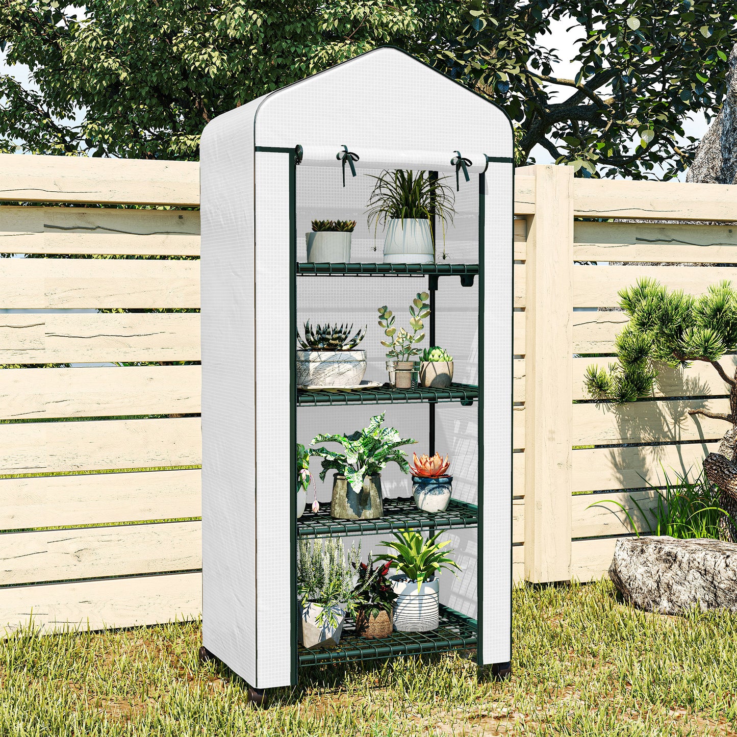 Outsunny 4 Tier Mini Portable Greenhouse with Lockable Rolling Wheels White Metal Frame PE Cover