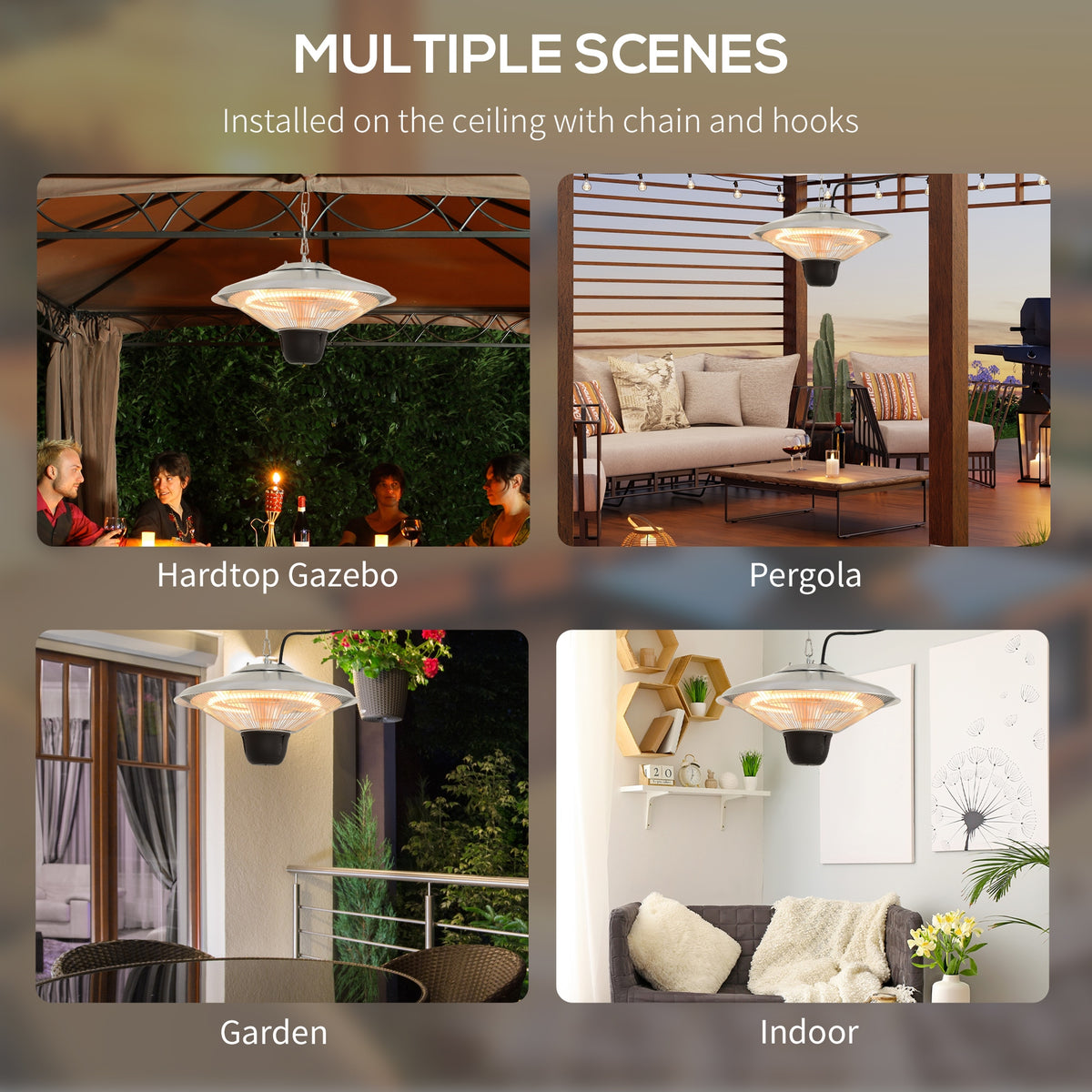 Ceiling mounted halogen heater with chain hooks for indoor and outdoor use