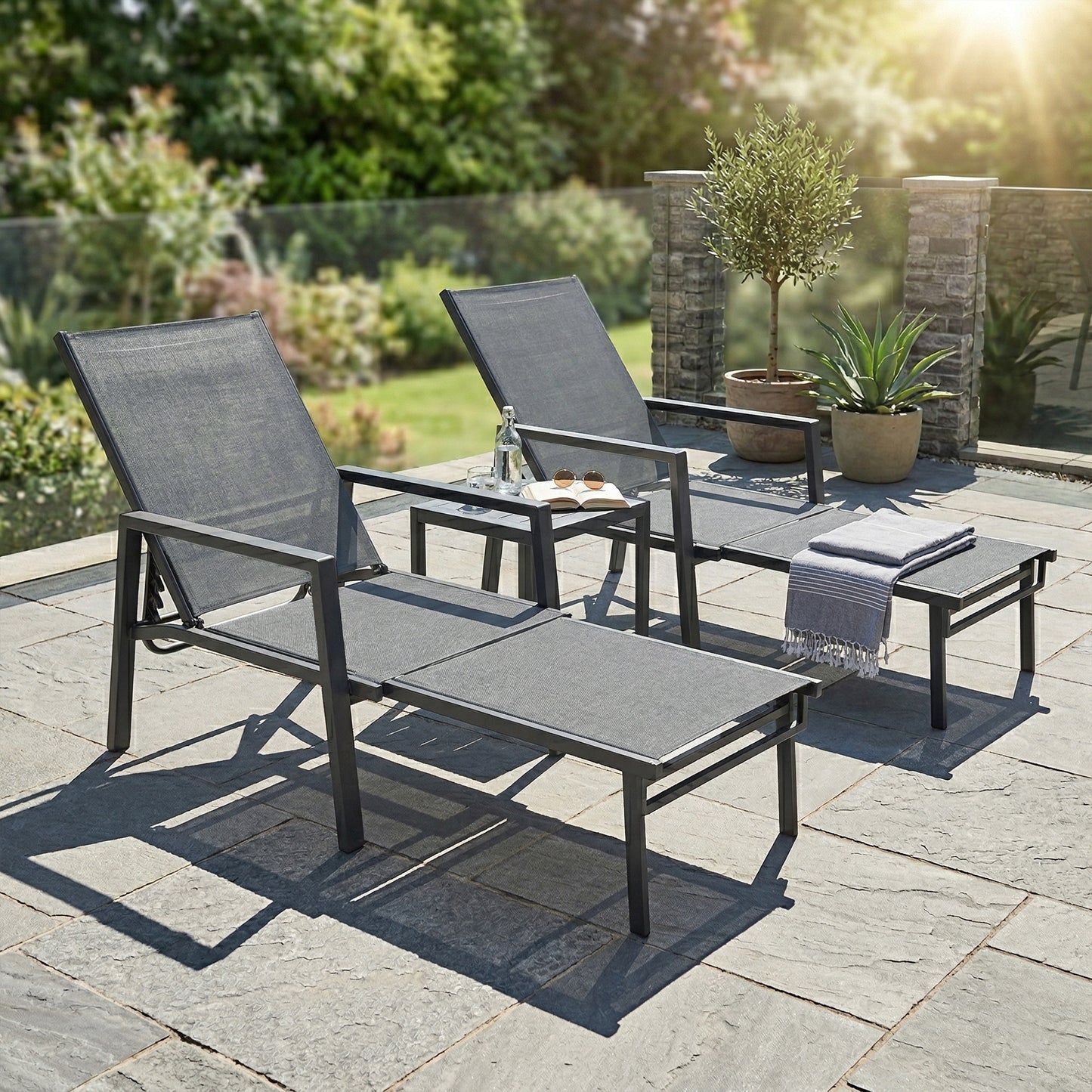Outsunny Sun Loungers Set Of 2 With Retractable Footrest And 5 Position Adjustable Steel Frame For Beach Patio Grey