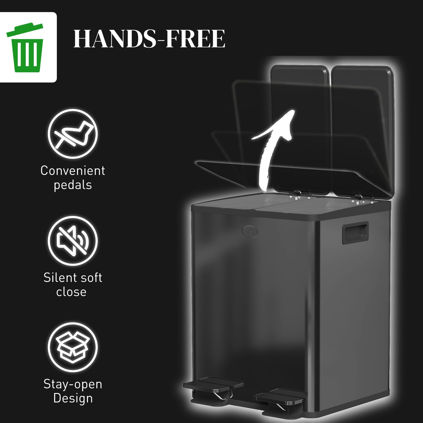 HOMCOM 40L Dual Compartment Stainless Steel Bin With Deodoriser Holders In Black