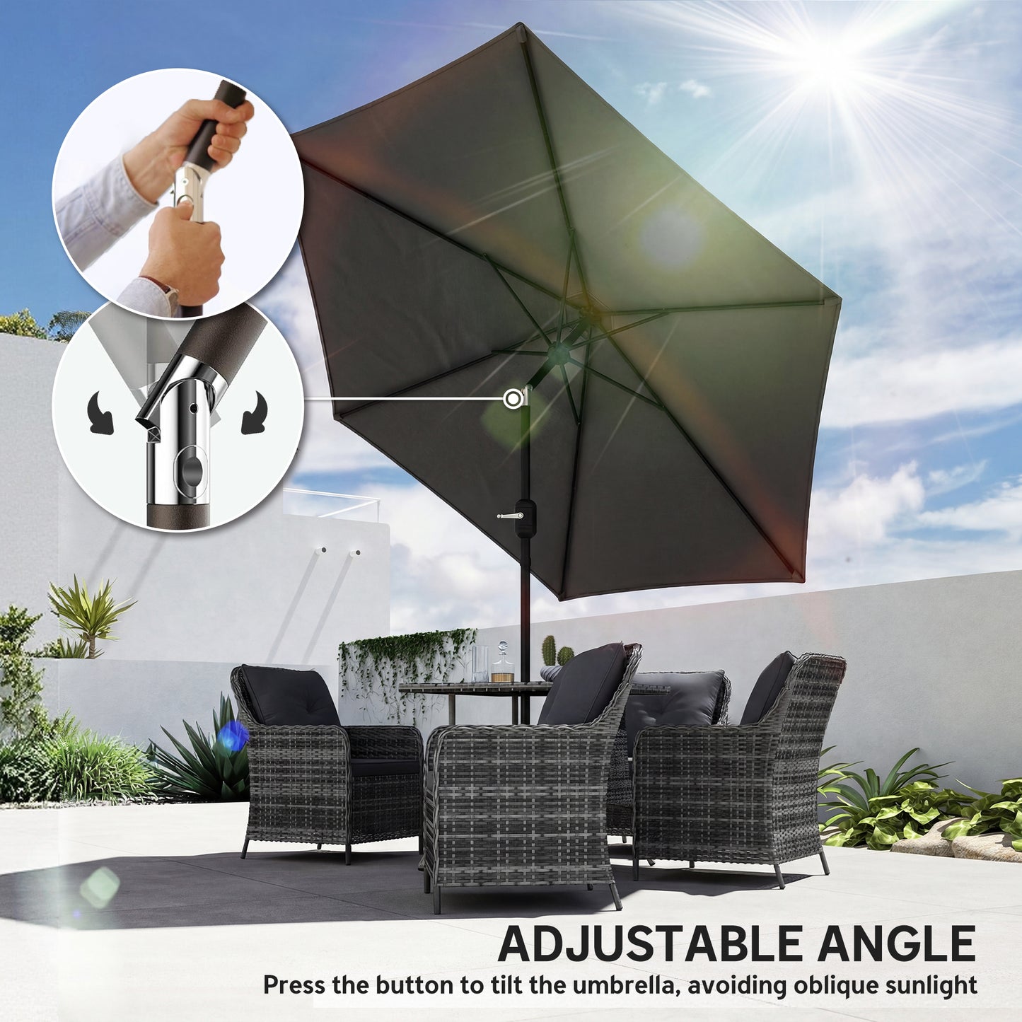 Outsunny 2.6 Meter Garden Parasol Umbrella With Aluminium Pole Outdoor Patio Tilt And Crank Vent Black