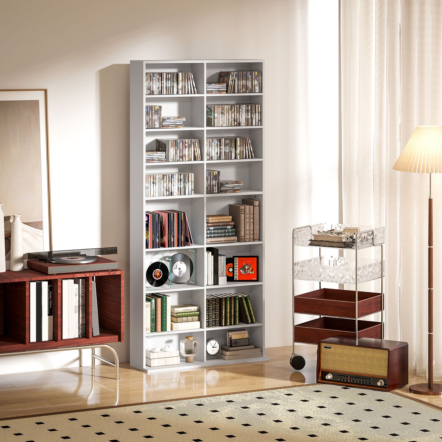 HOMCOM 640 CD Storage Tower White With 14 Adjustable Shelves And Anti Tip Design
