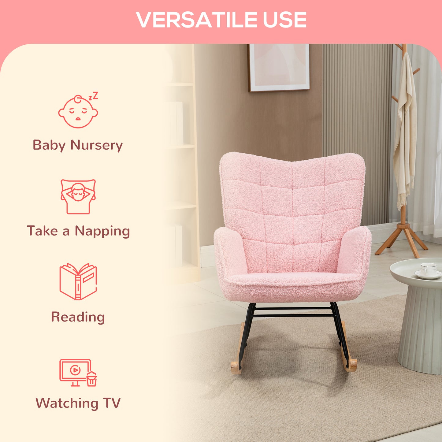 HOMCOM Soft Fleecey Rocking Wingback Chair Pink Large Plush Comfort With High Back And Armrests