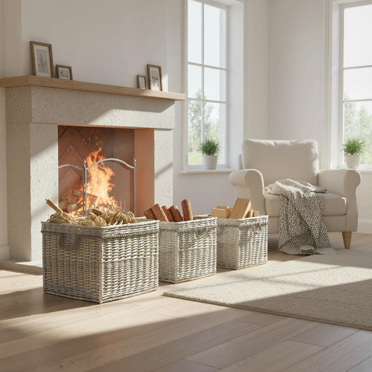 Outsunny Set Of 3 Log Baskets For Wood Burner Indoor With Lining And Rope Handles Wicker Fireside Storage Beige