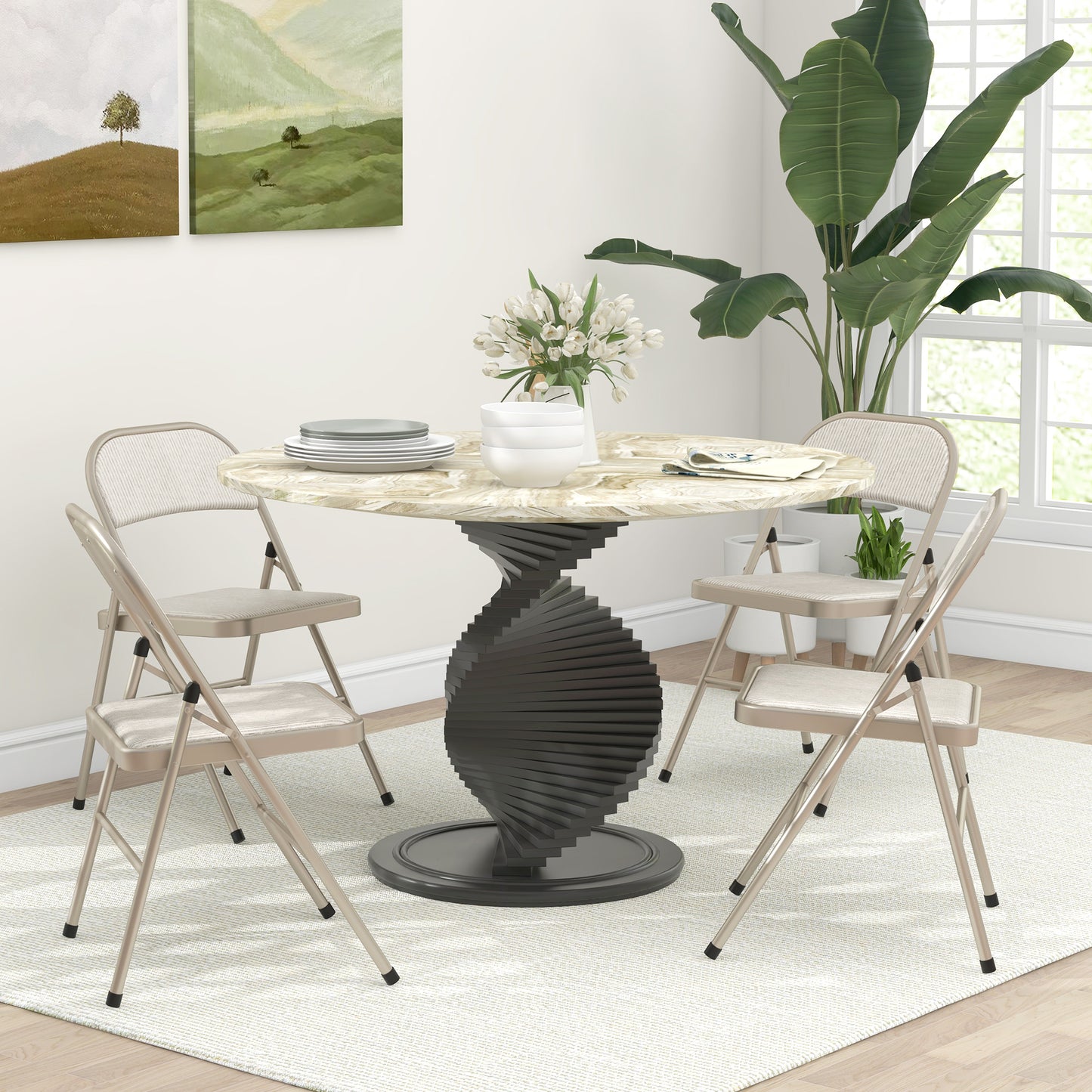 HOMCOM Linen-Look Set of Four Cushioned Folding Chairs Beige for Instant Seating Comfort