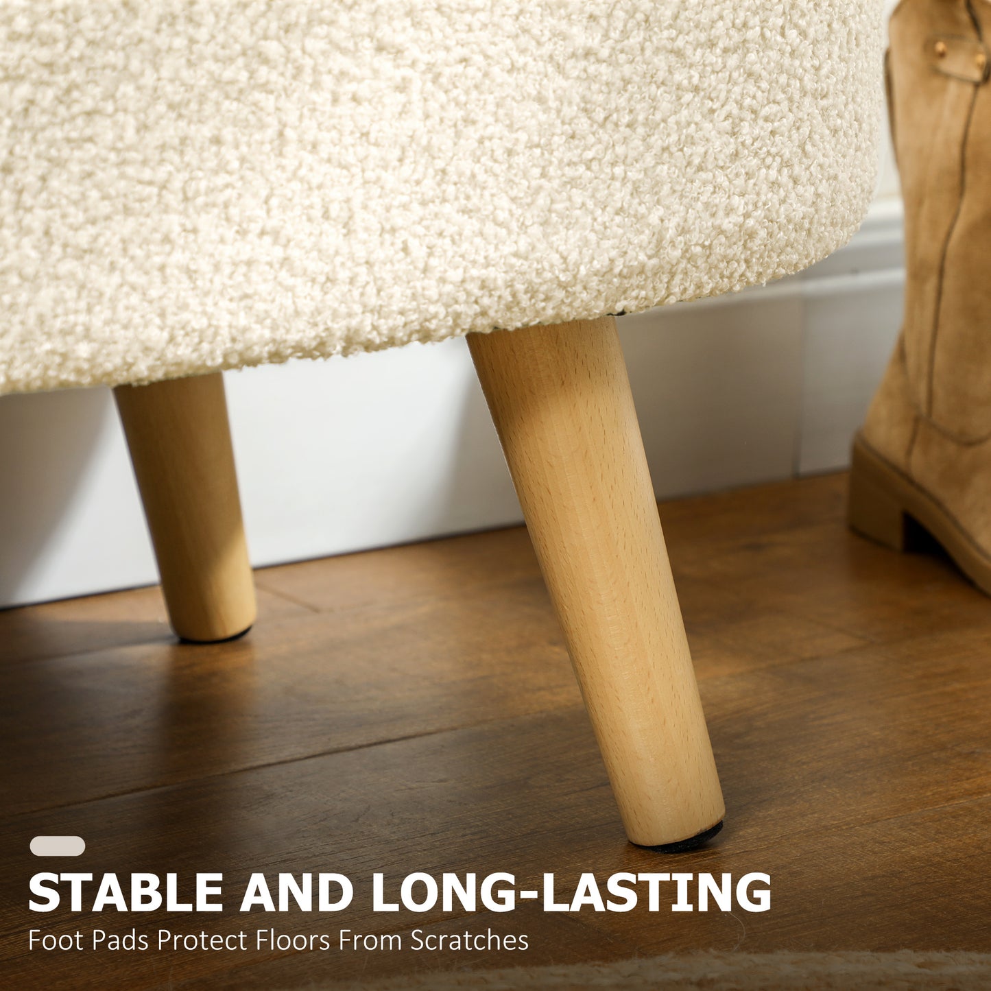 HOMCOM Teddy Fleece Storage Ottoman Cream White With 72 x 32 Cm Inner Storage And Padded Seat On Pine Wood Legs