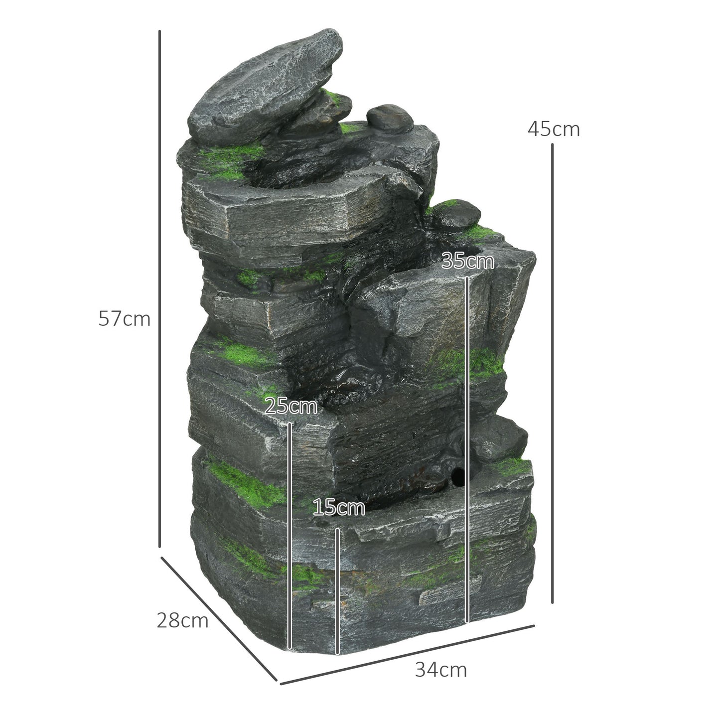Outsunny Garden Water Feature With LED Lights Solar Powered Four Tier Waterfall Dark Grey Stone Moss Accent