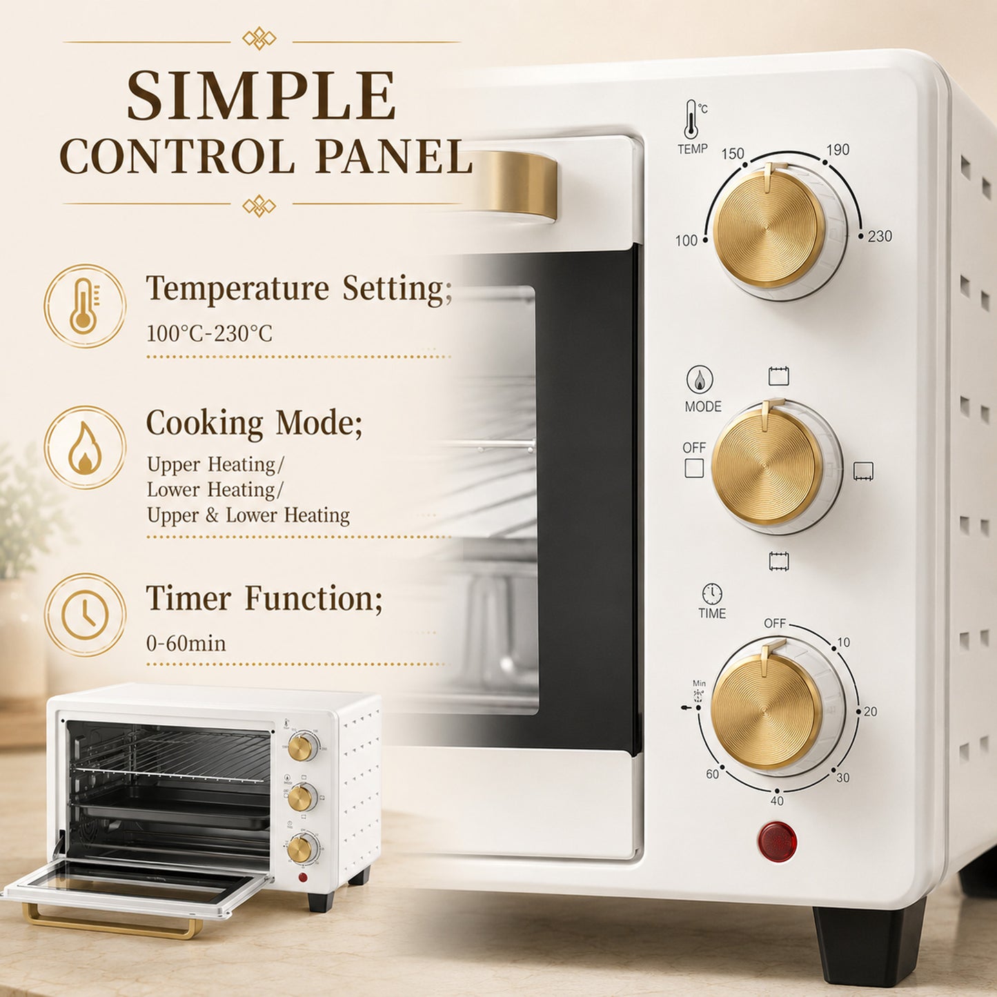 HOMCOM 21L Mini Countertop Oven With Removable Rack And Tray Adjustable Temperature 100 To 230 Celsius White