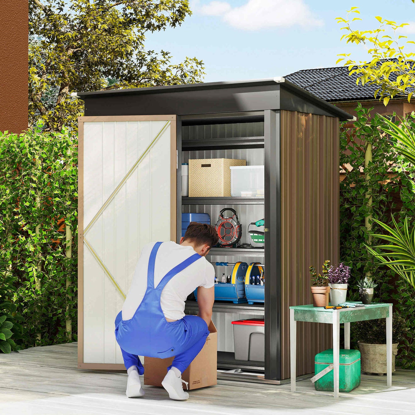 Outsunny 5x3ft Corrugated Steel Storage Shed With Locking Door For Outdoor Garden Use Brown