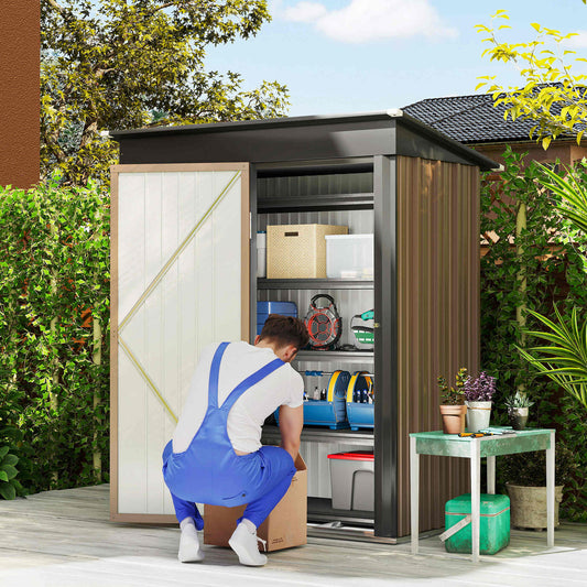 Outsunny 5x3ft Corrugated Steel Storage Shed With Locking Door For Outdoor Garden Use Brown